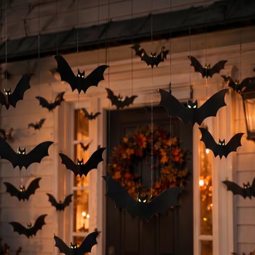 Image of Hanging Bats Halloween Decoration Outside, 2026 New Light Up Bat Decor, Versatile Bat Party Decorations, Removable Bat Decals for Garage Door and Window (12, Red, Small)