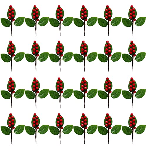 cnomg Künstliche rote Stechpalmenblätter, Beerenspieße, Stängel, Weihnachtsbeere mit grünen Blättern, Weihnachtsbeeren-Stiele für DIY-Girlanden, Feiertage, Kranz, Ornamente (24, rot) Cover