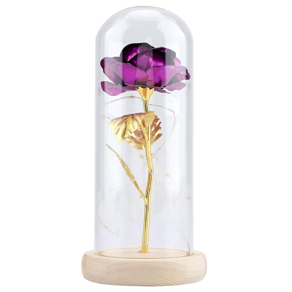 GOTOTOP Beauty And Beast Rose LED Light with Glass Cover and Wooden Base Wedding Gift for Valentine's Day purple