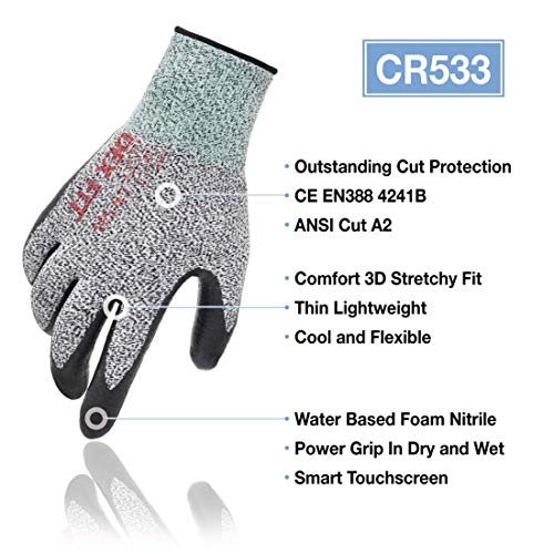 Image of Robust 3D Cut Safety Gloves CR533, Comfort Stretch Fit, Power Grip, Smart Touch, Thin & Lightweight, Durable Foam Nitrile Coating for Gardening & Mechanics, Grey Large 1 Pair