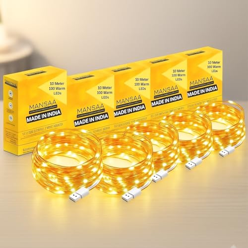 Image of MANSAA 100 LED Fairy String Lights 10 Meter Copper Wire, USB Powered Warm Yellow Lights for Bedroom, Diwali, Wedding, Party, Curtain, Balcony & Home Decoration Lighting (Pack of 5, 18 Months Warranty)