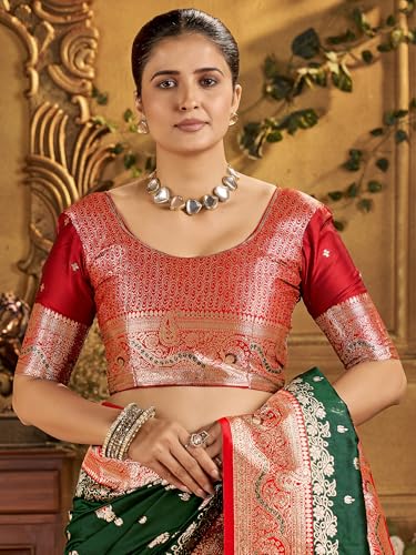 Image of Mehrang Women's Banarasi Silk Kanjivaram Saree For Wedding With Pure Zari Work, Woven Design, With Unstitched Blouse Piece