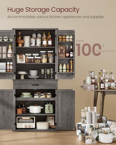 Image of VASAGLE Pantry Cabinet, Tall Storage Cabinet with Drawer, 70.3-Inch | Farmhouse kitchen cabinet with barn doors, tray, adjustable shelves, Misty Gray, UBBK364G01