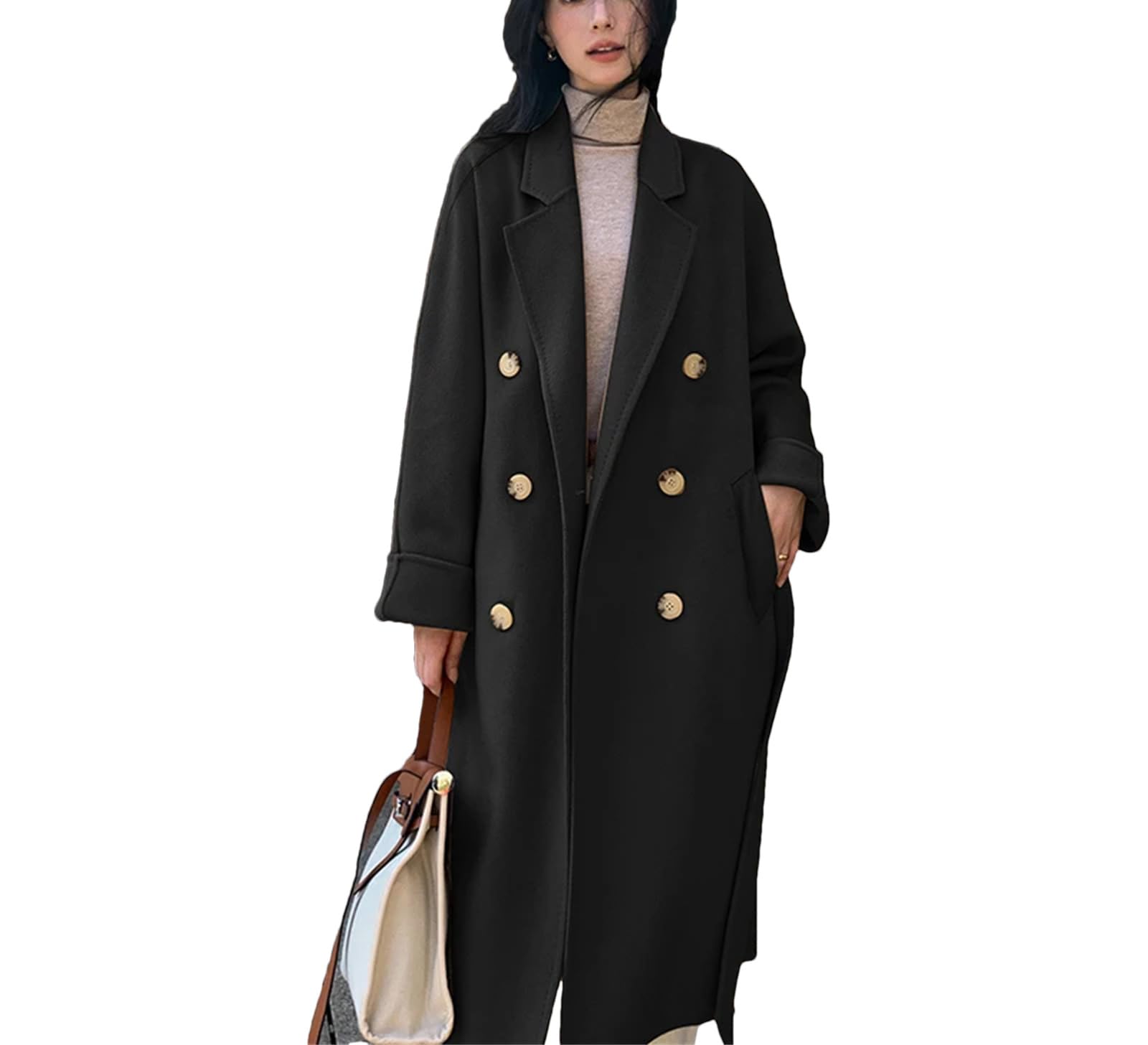 Abrigo clásico de lana reversible de cachemira para mujer, abrigo largo de lana para invierno, rompevientos casual con cinturón