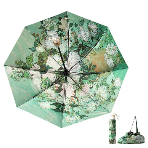 Mini parapluie pliable rose et vert | Parapluie de voyage compact avec sac