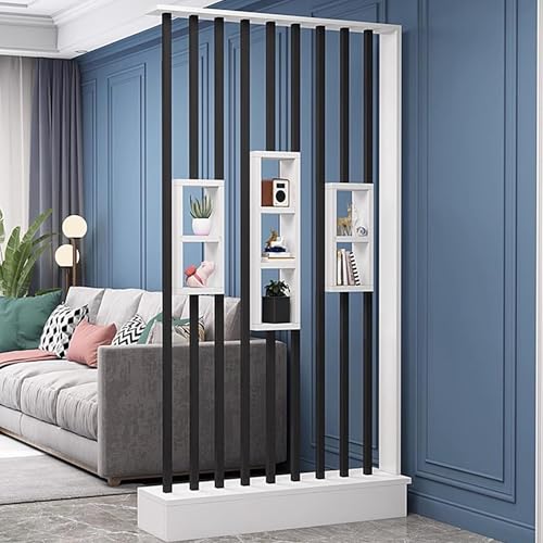 棚付き壁パーテーション 間仕切り、モダンな木製本棚プライバシースクリーン、玄関ホームオフィス装飾用の半透明収納パーティションキャビネット(Black+White,H108cm/42.5in)