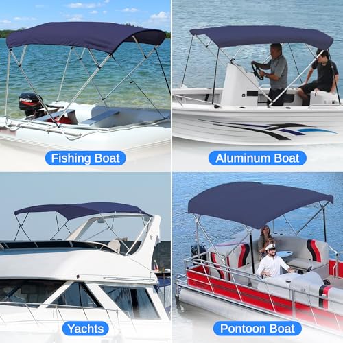 Image of SereneLife 4 Bow Blue Bimini Top Boat Cover, with Canvas Aluminum Frame ,UV Level 4 Protection Waterproof Canopy, with Front Straps & Rear Support Arms, Fits 8'L x 79-84 inchW x 54 inchH Boats Easy Install