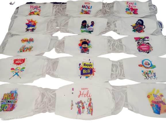 Sribalaji Trader Holi Designed Face Mask Reusable Adjustable Washable Cotton Masks for Boys and Girls, Kids (Pack of 10) Assorted Design
