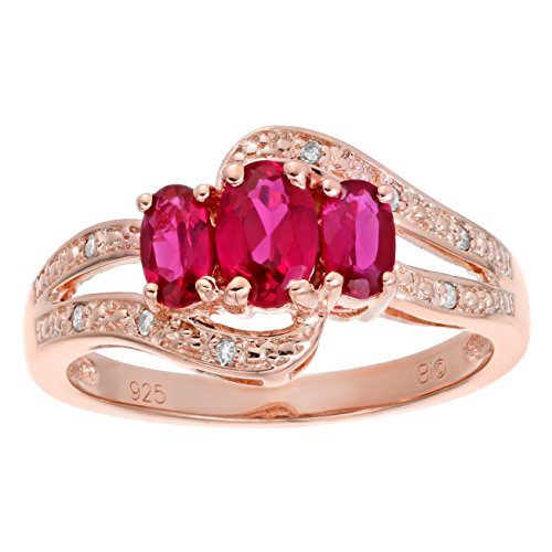 1,20 Ct ovalado rojo rubí y topacio blanco anillo en color rosa bañado en plata de ley 1,20 Ct ovalado rojo rubí y topacio blanco anillo en color rosa bañado en plata de ley