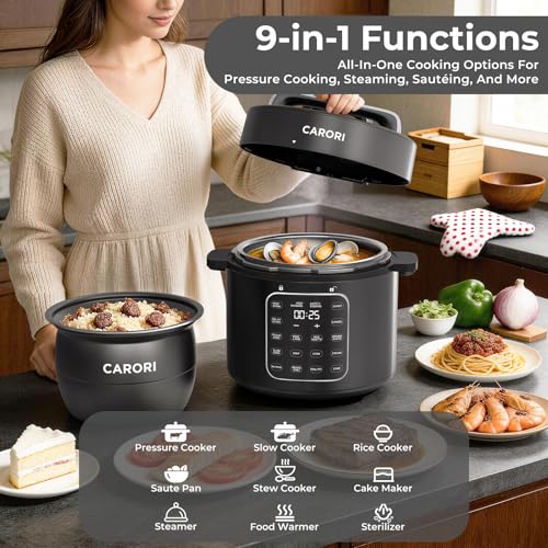 Image of Carori Dual Pot Electric Pressure Cooker, 9-in-1 Multi-Cooker 6 Qt with 2 Inner Pots (Stainless Steel & Nonstick), 12 Programs, Slow Cook, Rice Cook, Steamer, Black