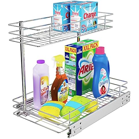 FANHAO Pull Out Cabinet Organizer, 2 Tier Wire Basket Under Sink Slide Out Storage Shelf with Sliding Drawer Storage - 10.43W x 17.32D x 14.56H, Request at Least 12 inch Cabinet Opening, Chrome Cover