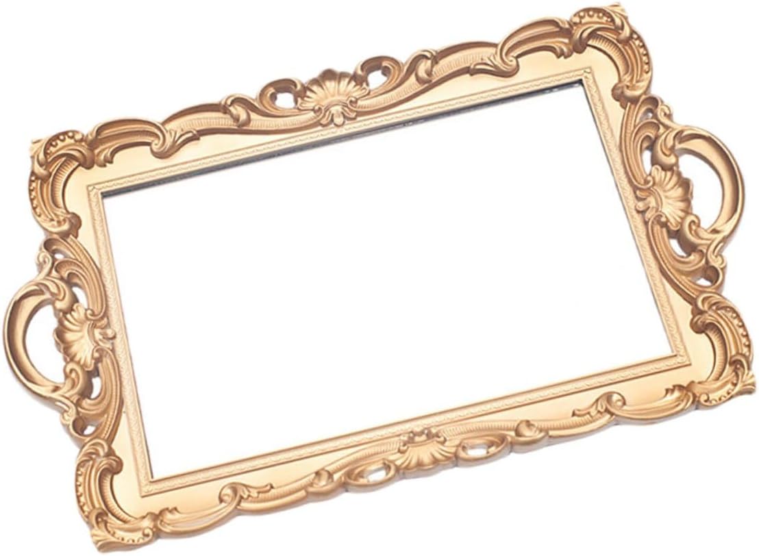 Retro European Mirror Tray Golden Decorative Storage Plate for Cosmetics Perfume Makeup Organizer Vintage Vanity Display Elegant Home and Photo Prop