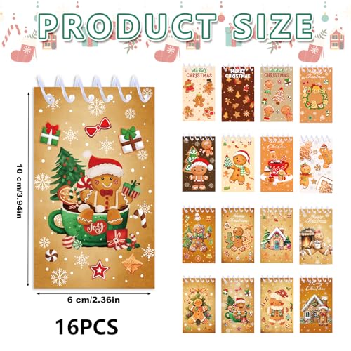 16 Stücke Mini Notizblock Weihnachten Set, Weihnachten Spiral Notebooks Muster Weihnachten Briefpapier für Weihnachten Liste Kinder Goodie Bag Favor Supplies Stocking Stuffers (Lebkuchenmännchen)