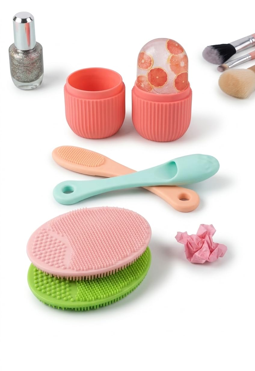 Silicone Face Cleansing Brush Set with Ice Roller and Mask Spatula, Multicolour, Skincare Tools-image-20