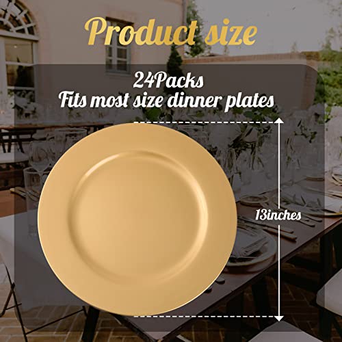 24 Sets Gold Charger Plates With Napkin Rings, 13" Round Plastic Dinner Plate Reusable Charger And Service Plate For Dinner, Wedding, Party, Event, Decoration #TOP1