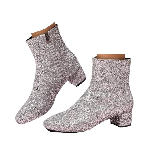 Xbemkste Botines para mujer, tacón grueso, botas de tobillo con purpurina, botas cortas con cremallera, para fiestas, bodas, elegantes botas de mujer, plata, 36 EU