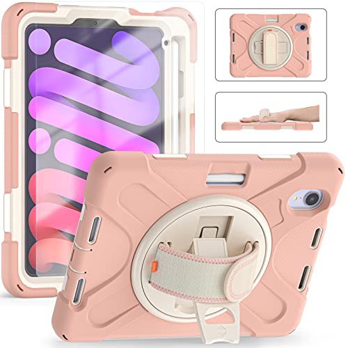 Coque iPad Mini 6 rose avec support rotatif 360 et dragonne en TPU souple