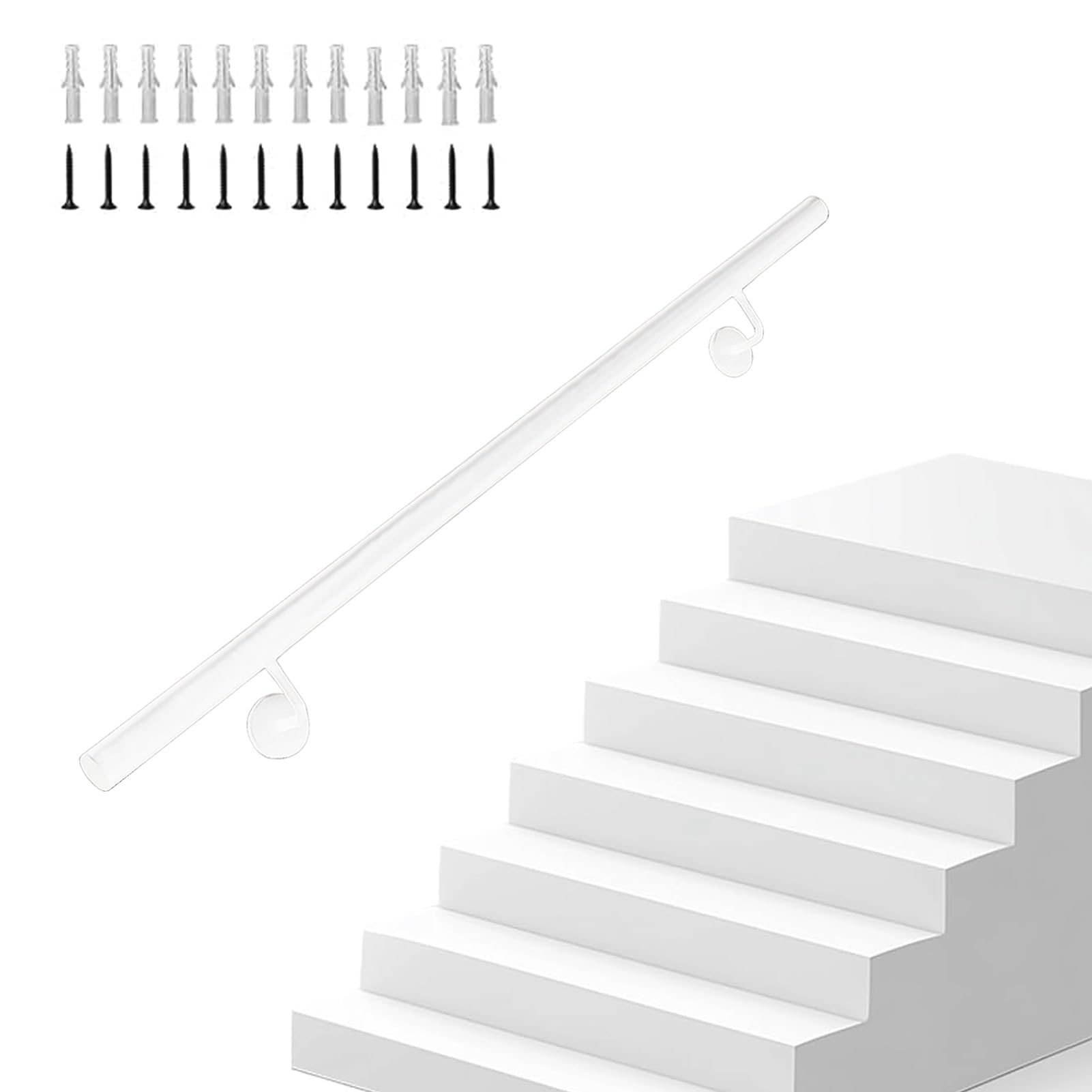 Fkxsxaz White Round Stair Handrail, 1M 1.5M 2M 2.5M 3M 4M 5M 6M Staircase Banister Rail For Indoor & Outdoor Wall Mount Support Safety Grab Bar Kit(100Cm/39In)