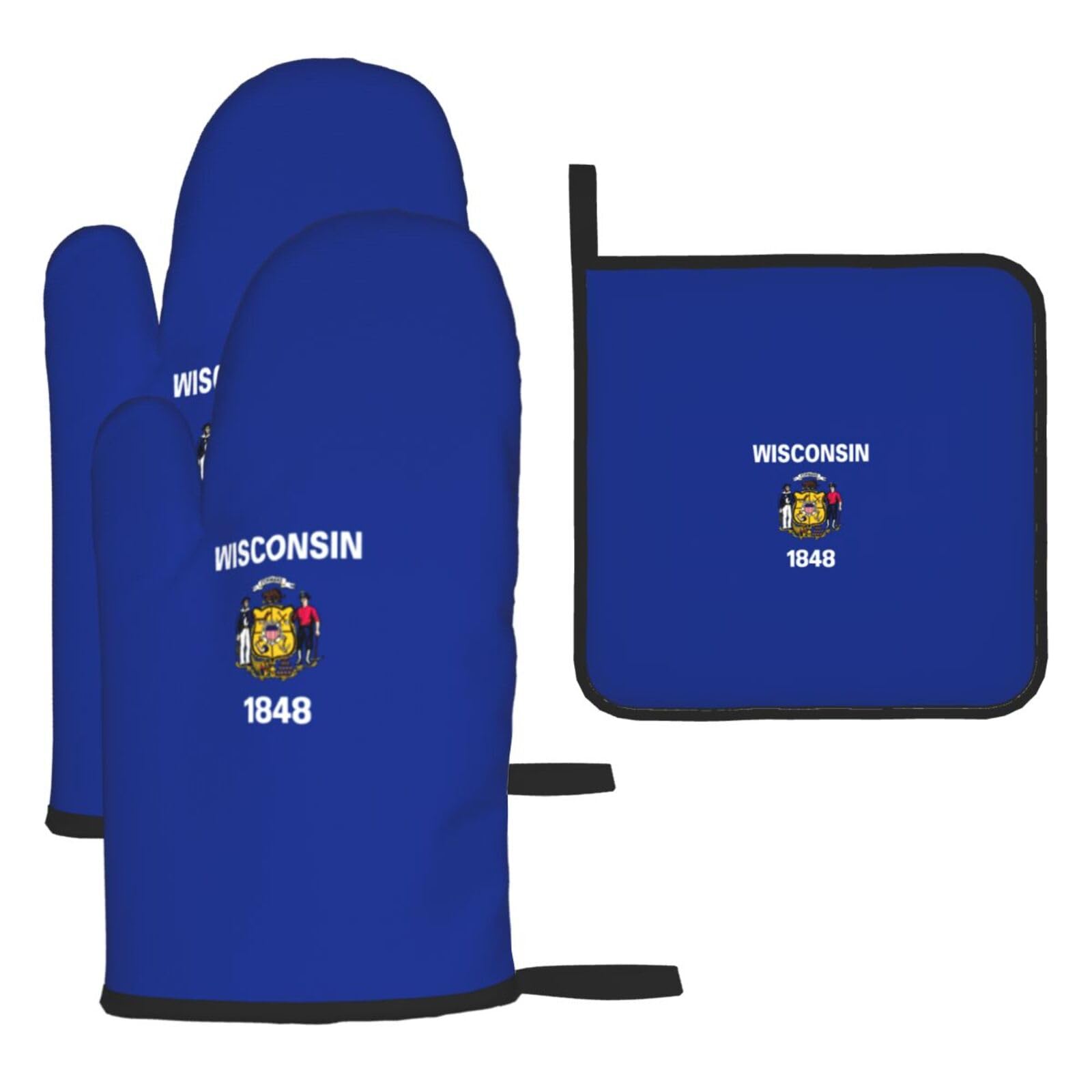 Wisconsin State Flag Print Oven Mitts Kitchen Gloves Set Everyday Baking Grilling Microwaving Cooking Gift
