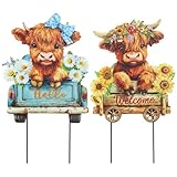 hogardeck Garden Decor for Outside, Set of 2 Metal Highland Cow Decorative Garden Stakes with Sunflower for Yard Decor, Welcome Sign Yard Art for Outdoor Lawn Porch Backyard Spring Decorations