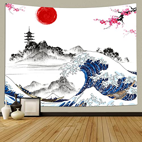 Tomoz Japanese Wave Tapestry, Asian Anime Mount Red Sun Cherry Blossom Tapestry Wall Hanging, Natural Landscape Tapestry For Bedroom Living Room Dorm Decor 60 X 51Inches #TOP19
