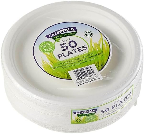 Caterpack Enviro Range Plates 23cm, 50 Pack Super Rigid 100% Biodegradable Plates, Naturally compostable, Eco-Friendly, Non Plastic Alternative, Microwave and Freezer Friendly, White