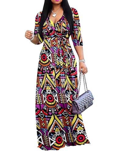 Image of Yajedo Womens Casual Summer Maxi Dress Plus Size Sexy Wrap V Neck 3 /4 Sleeve Sundress with Pockets