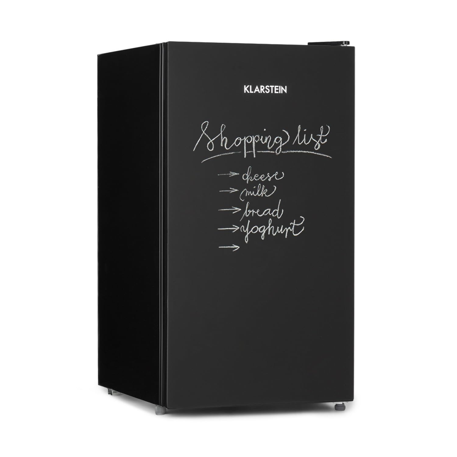 Klarstein Miro - Frigorífico, Nevera con puerta rotulable, 7 niveles de temperatura, Compartimento para verduras, Bisagra de puerta intercambiable, Diseño ZestfulART, 91 L, Negro