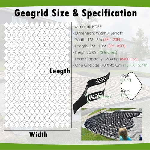WLCGYD Kiesgitter Geogitter Für Den Außenbereich, Faltbares Kiesgitter-Pflasternetz Für Befüllen Von Steinen/Sand/Erde/Schlamm, 5 cm Dicke Bodenpflastersteine(3x10ft/1x3m)