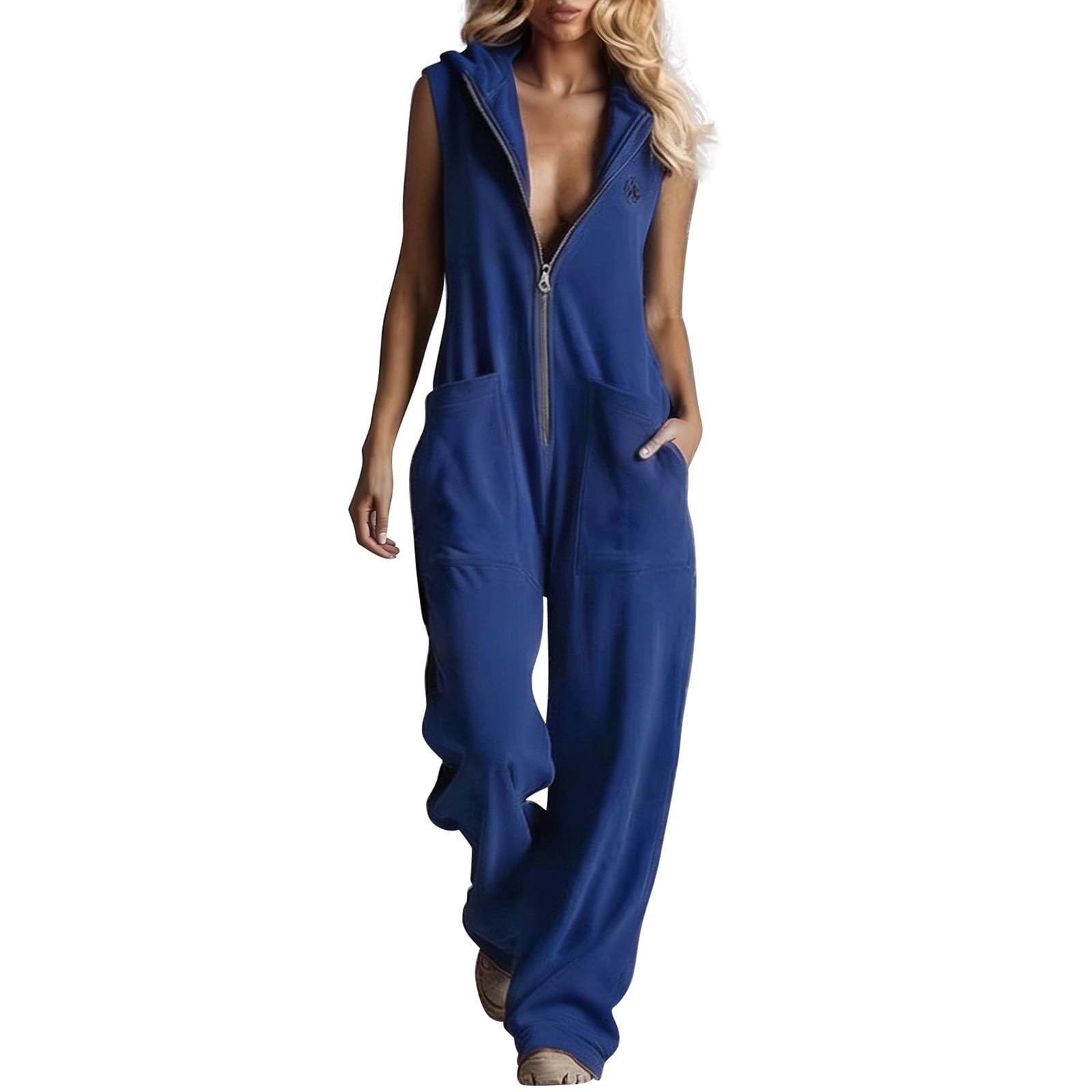 Combinaison Pantalon Femme Capuche Col V Fermeture Éclair sans Manches Poches Coupe Ample Style Rétro Sport Décontracté Tenue Quotidienne Loisirs Week End Voyage Été