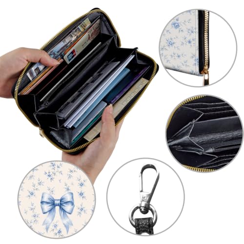 Image of Women's Wallets Credit Card Holder Money Leather Long Wallet | Long wallet with Wristlet,Large Capacity with Zip-Around Phone Purse for Women Ladies Girls,Blue Bow