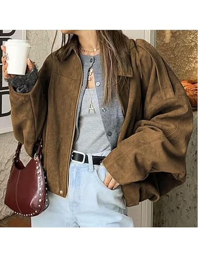 Women's Cropped Suede Bomber Jacket Long Sleeve Zipper Y2k Pilot Outerwear2