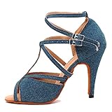 TDA Women's Stiletto Heel Peep Toe Denim Fabric Blue Salsa Tango Rumba Samba Latin Modern Dance Shoes 9.5 M US
