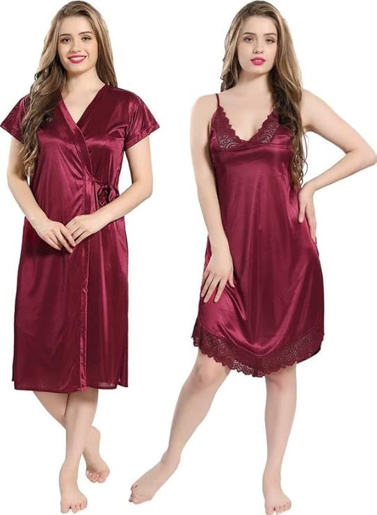 Women's Satin Nighty Set with Robe, Stylish Fancy Hot Night Dress for Women, Bridal Satin Nightwear Set