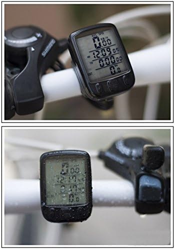 Close-up of the SUNDING SD-563B Bicycle Computer mounted on a handlebar, showing both dry and wet conditions.