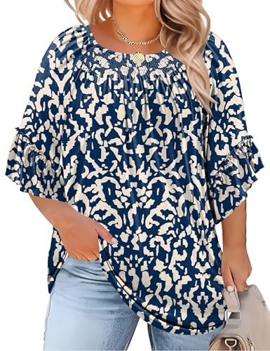 Image of Micoson Womens Plus Size Tops 3 /4 Ruffle Sleeve Crewneck Pleated Shirts