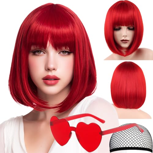 VCAY Bob Wig 12 Inch Short Red Bob Wig with Bangs Straight Cosplay Wig Heat Resistant Adjustable Straps Wigs for Women Girl with Wig Cap