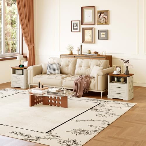 Yusong Antique White Nightstand, Barn Style Night Stand with Charging Station, Rustic Beside Table with Drawers and Open Storage, Farmhouse Side Table for Bedroom by Yusong - Image 9