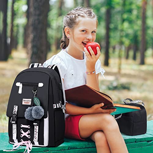 Bevalsa Backpack With Lunch Box For Girls Kids Middle High School College Student 20L Nylon Water Resistant Casual Daypack Children Schoolbag Bookbag With Usb Charging Port (Black) #TOP5