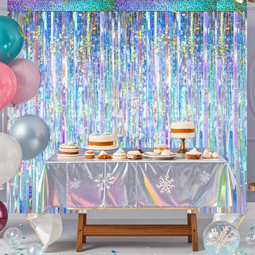 Image of 2 Packs Iridescent Foil Fringe Curtain, Neon Transparent Holographic Tinsel Backdrop for Birthday, Wedding, Baby Shower, Mermaid, Euphoria, Iridescent Party Decorations Supplies
