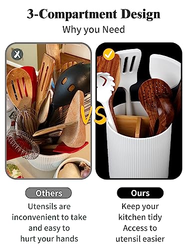 image for LoeJan 3 Compartment Utensil Holder, Extra Large Utensil Crock, Stable