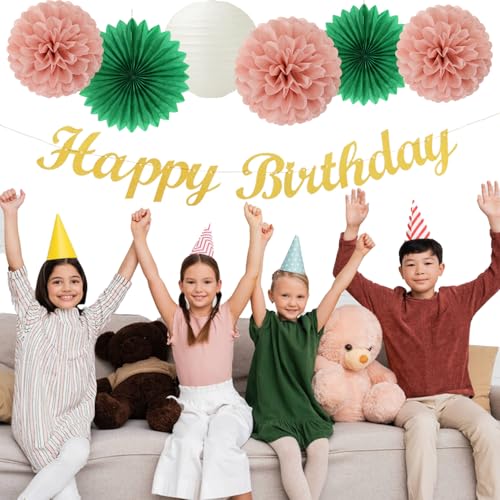 Image of Sage-Green Pink Birthday Party-Decorations Paper-Flowers - 14pcs Happy Banner Spring Lanterns Tissue Pom Poms,Boho Streamers Garland Fans,Neutral Rustic Garden Office Hanging Supplies Decor Hugfond