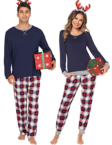 SWOMOG Men & Women Pajama Sets for Couples Long Sleeve Sleepwear Top Plaid Pants Loungewear Set with Pockets Men Navy Blue - Blue Plaid Small2