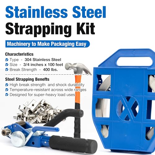 U.S. Solid Edelstahl-Bandset 304 - Umreifungszange mit 19mm x 30m Bandrolle, 100 Sicherungsclips + Hammer für stabile Palettenverpackung