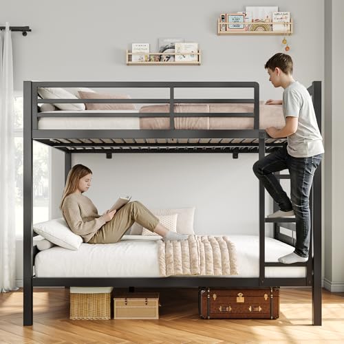 Image of iPormis Metal Bunk Bed Full Over Full, Heavy Duty Bunk with High Guardrail and Safety Entrance Design, Under-Bed Storage Space, Easy Assembly, Noise Free, Black
