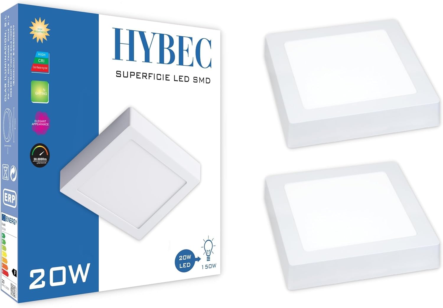 CLAR - LED Downlight Surface 20W Square, LED Ceiling Ceilings, LED Ceiling Surface, LED Ceiling Light, Square Ceiling LED, Neutral Light 4000ºK (Pack 2)