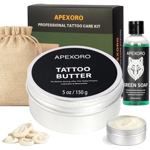 Tattoo Aftercare Kit – Full-Size 5oz Tattoo Butter, Vegan & Non-Greasy Balm for Tattoo Healing with Green Soap Cleanser & Finger Cots – Complete Tattoo Care Set for Before, During & After Healing