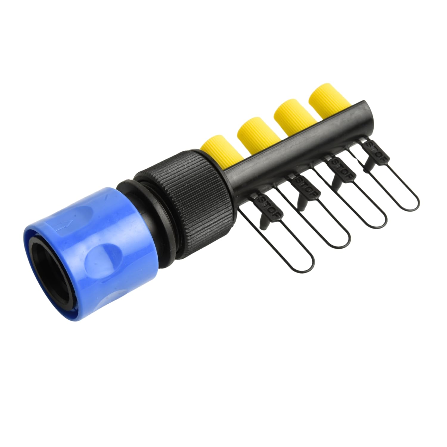 B2c Blue/Black/Yellow 3/4'' Bsp Garden Tap Adaptor Manifold With Quick Connector – 4 Outlet Hose Splitter For 4Mm Micro Irrigation & Drip Systems