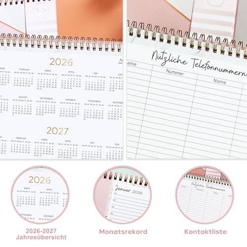 Tischkalender 2026-12 Monatskalender 2026, Tischkalender von JAN. bis DEZ. 2026, Kalender 2026 tischkalender mit Aufgabenliste, 26.7 x 21.8 x 7.8 cm - Rosa
