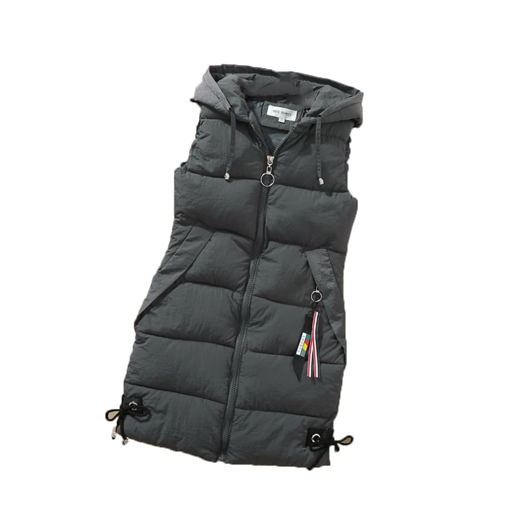 Surwin Women's Grey Long Gilet Jacket Hooded, Casual Quilted Vest With Pockets Warmer Zip Up Sleeveless Down Jacket Coat Parka Outwear Waistcoat Winter Wear